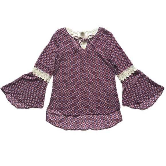 Como Vintage Womens Size Small Bell Sleeve Crochet Detail Geo Print Tunic Blouse - Picture 1 of 8